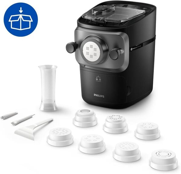 Philips Machine à Pâtes Série 7000 - Technologie ProExtrude, Pesée Automatique, 8 Disques de Forme, Pâte Parfaite, Nettoyage Facile, Jusqu'à 8 Portions, Noir (HR2665/93)