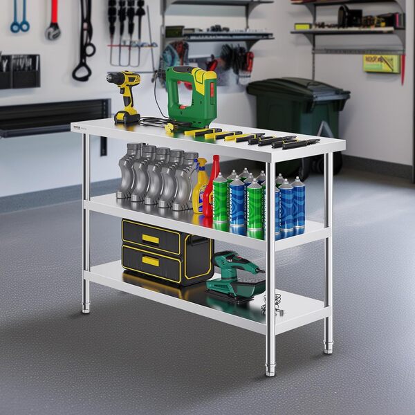 VEVOR Table de Travail en Acier Inoxydable 45,7x121,9x86,4 cm, Table de Préparation des Aliments avec 2 Étagères Inférieures Réglables, Meuble de Rangement pour Cuisine Restaurant Garage Maison