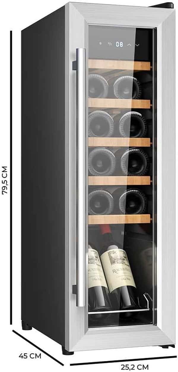 Cecotec Cave à vin Bolero GrandSommelier 1250 CoolWood Compressor. Cave à vin sur pied, 12 bouteilles, température réglable 8-18°C, étagères en bois, écran tactile et éclairage LED. [Classe énergétique G]