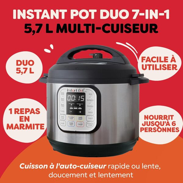 Instant Pot Duo 60, 7 en 1 Autocuiseur Multifonction - Autocuiseur, Cuiseur à Riz, Poêle, Yaourtière, Cuiseur Vapeur et Chauffe-Plat - Acier Inoxydable - 5.7 L