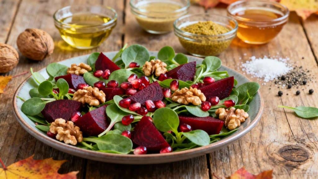 Salade d'automne : mâche, betterave, noix et grenade
