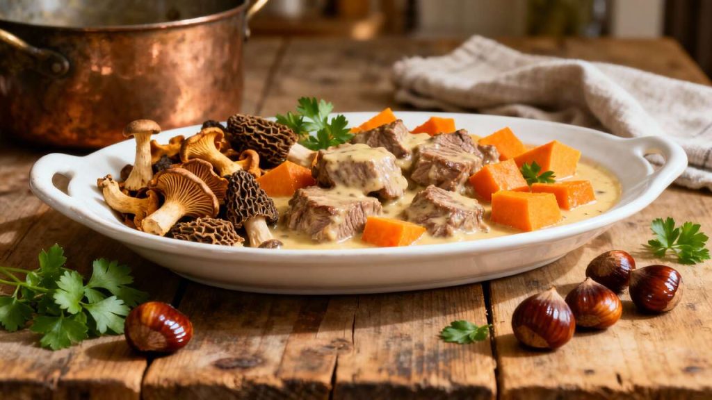 Blanquette de veau automnale aux champignons sauvages, potimarron et châtaignes