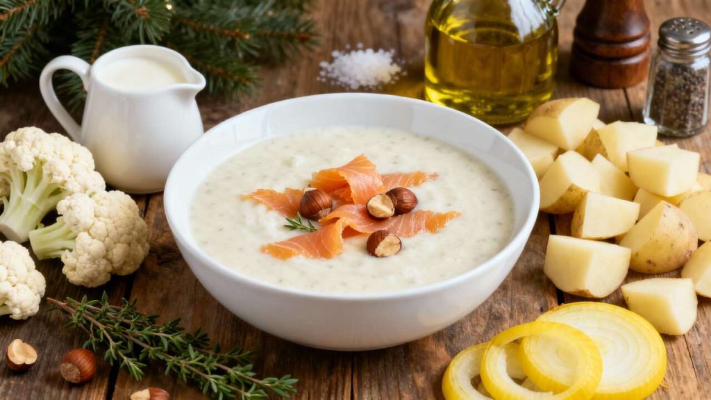 Crème de chou-fleur, truite fumée et noisettes : entrée de Noël savoureuse