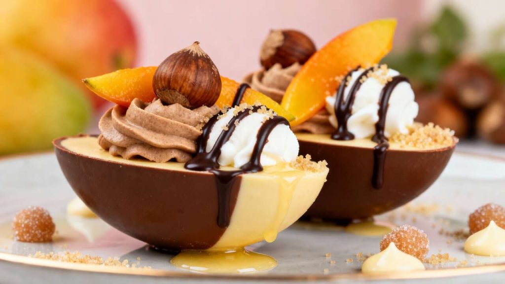 Coques en chocolat bicolores, mousse de marron et mangue rôtie