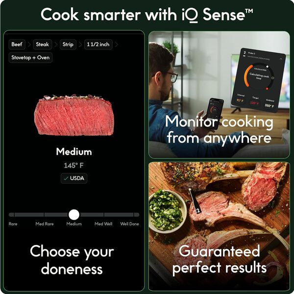 CHEF iQ Sense Thermomètre à viande sans fil intelligent avec 3 sondes ultra-fines, Bluetooth à portée illimitée, thermomètre à viande numérique pour la surveillance à distance du barbecue, du four