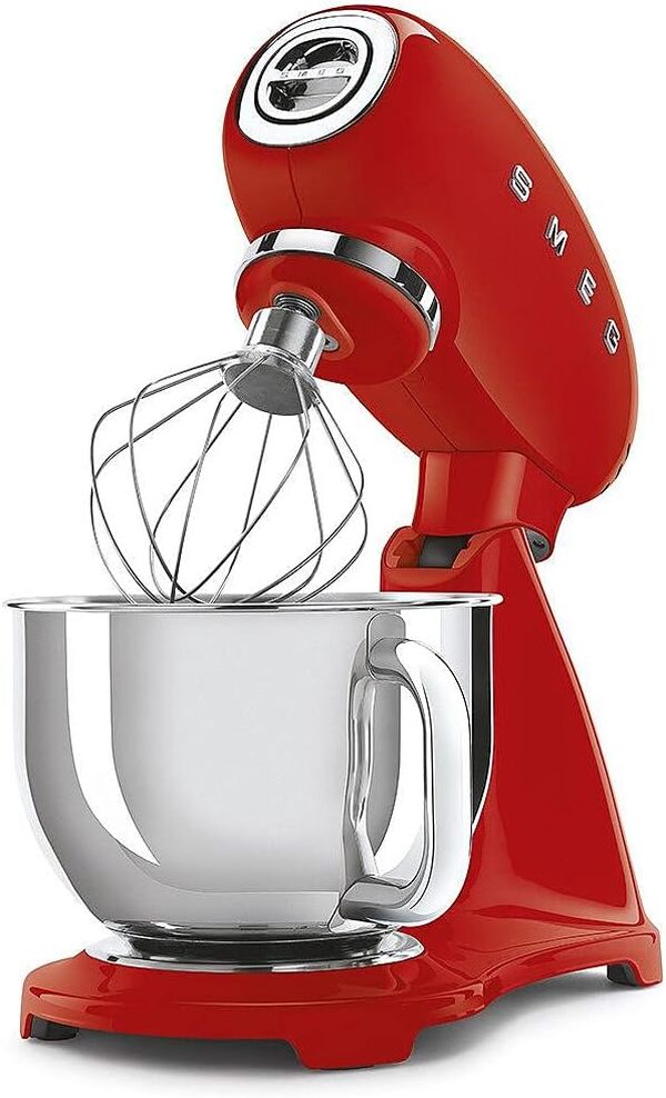 Smeg, Robot Pâtissier SMF03RDEU, 10 Niveaux de Vitesse, Fonction Mise en Marche Progressive, Bol 4,8 L, Verrouillage Moteur de Sécurité, 3 Batteurs, Crochet et Couvercle Fournis, 800W, Rouge
