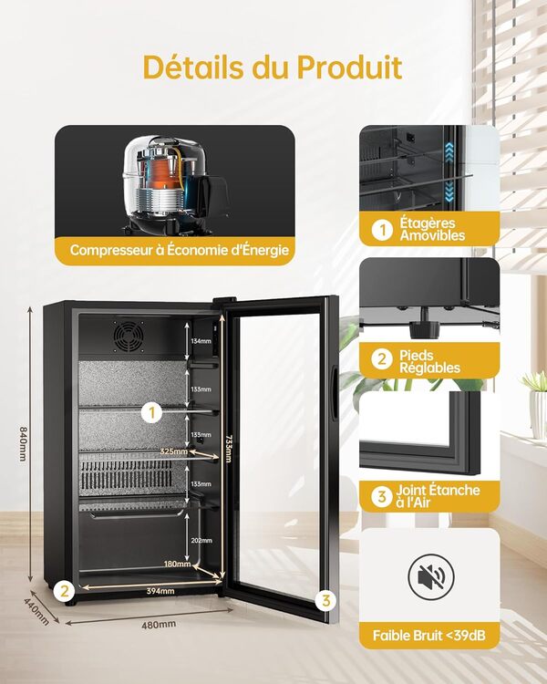 WIE Réfrigérateur Pour Boissons, Mini Frigo 83L Petit Frigo Silencieux de 0-10°C, Mini Bar Intérieur, Pour Salle de Jeux, Fête, Noir [Classe énergétique E]