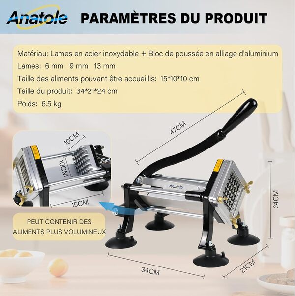 Anatole Coupe-Frites Professionnel avec 8mm 10mm 12mm Lames en Acier Inoxydable Trancheuse de Légumes Manuel Coupe Pommes de Terre Frites Commerciale pour Oignon Carotte Concombre