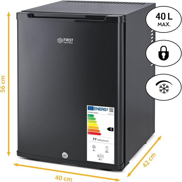 TZS First Austria - Mini réfrigérateur 40L silencieux avec serrure - Petit mini-frigo avec porte réversible et lumière intérieure - Minibar pour camping, bureau, chambre & hôtel - Noir mat [Classe énergétique E]