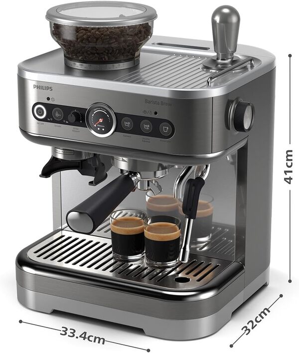 Philips Macchina per espresso semi-automatica Barista Brew - Guida Intuitiva, Pressino Calibrato, Design Elegante, Contenitore per Chicchi 250 g, metallo Argento (PSA3218/01)