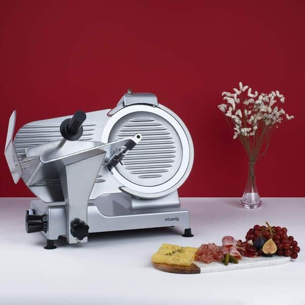 H.Koenig Trancheuse électrique à jambon, viande, saucisson, charcuterie MSX300, professionnelle, précise, épaisseur de la coupe 0-15 mm, lame italienne 30 cm, aiguiseur intégré, large plateau, 282 rpm