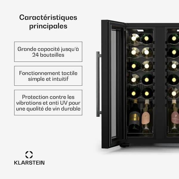 Klarstein Shiraz Cave à vin 2 zones - 24 bouteilles, pose libre, 5-18°C, éclairage LED, commande tactile, design élégant, cave à vin climatisée [Classe énergétique G]