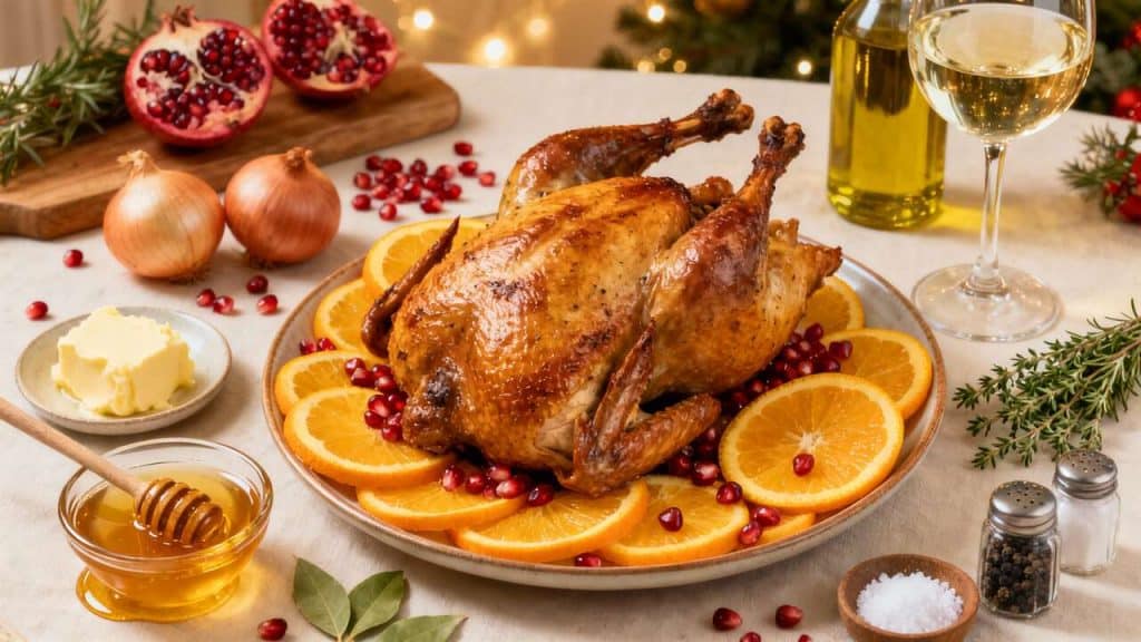 Pintade rôtie de Noël : recette aux oranges et grenades