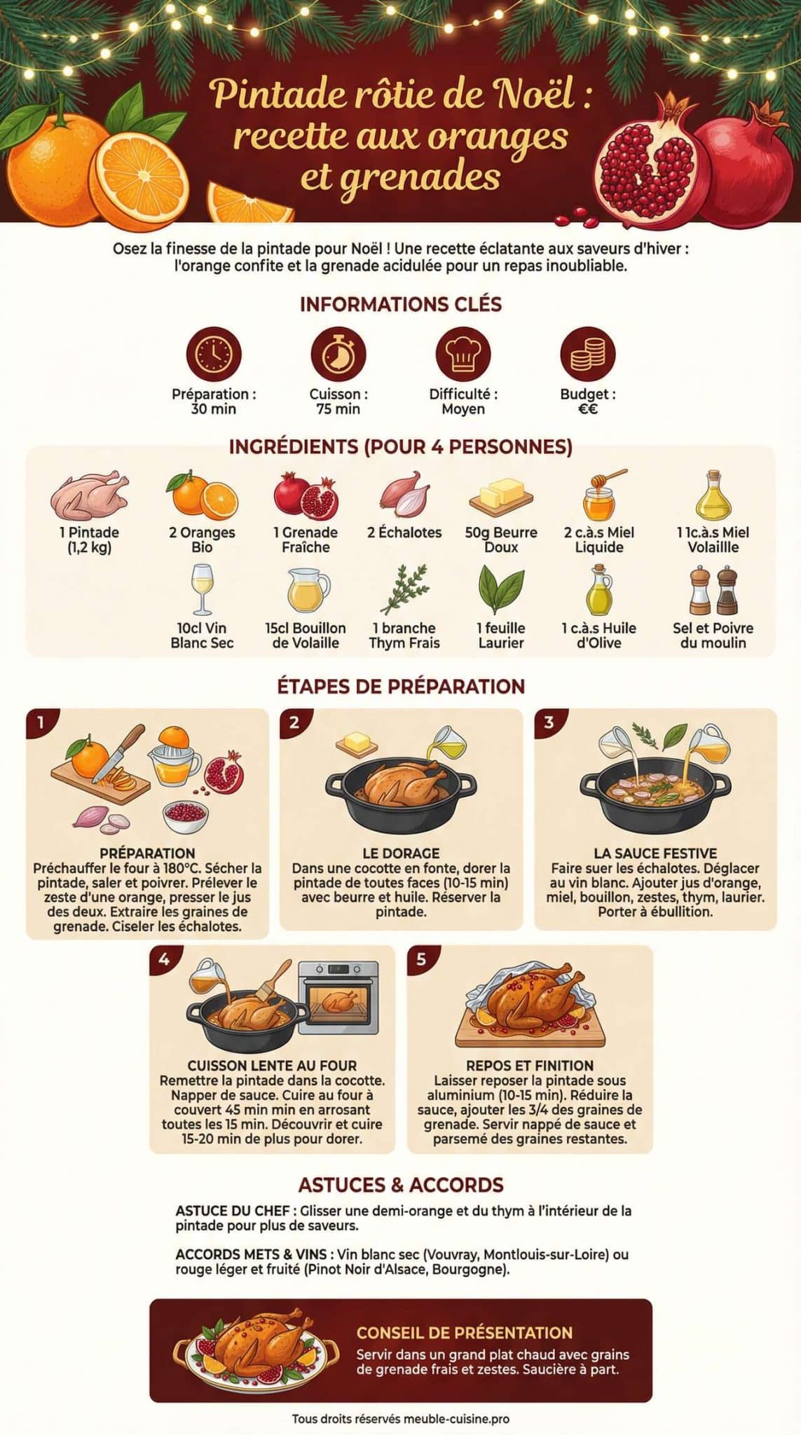 Infographie de la recette Pintade rôtie de Noël : recette aux oranges et grenades Infographie de la recette Pintade rôtie de Noël : recette aux oranges et grenades