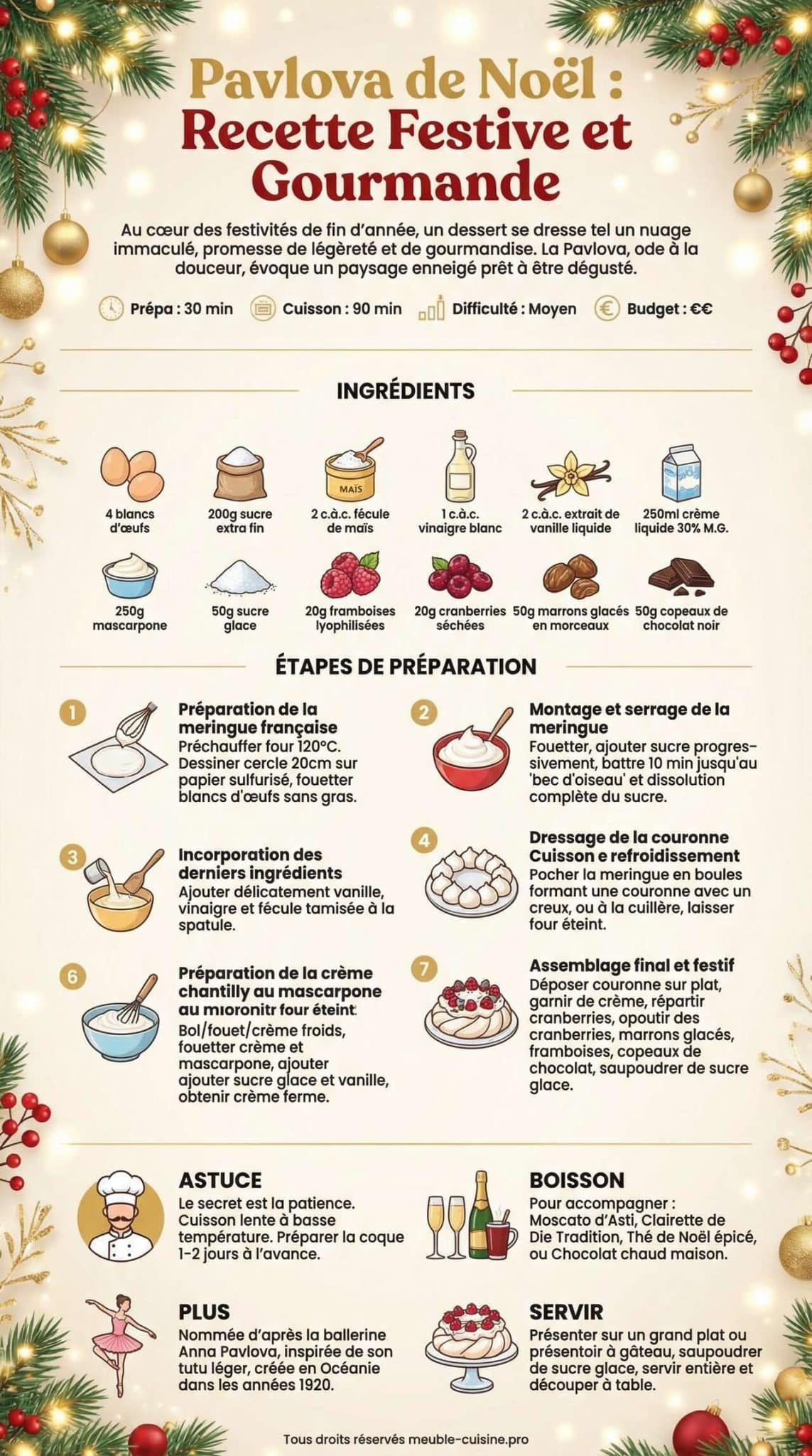 Infographie de la recette Pavlova de Noël : recette festive et gourmande Infographie de la recette Pavlova de Noël : recette festive et gourmande