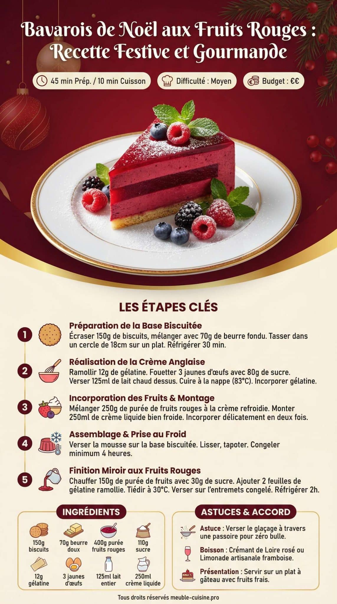 Infographie de la recette Bavarois de Noël aux Fruits Rouges : recette Festive et Gourmande Infographie de la recette Bavarois de Noël aux Fruits Rouges : recette Festive et Gourmande