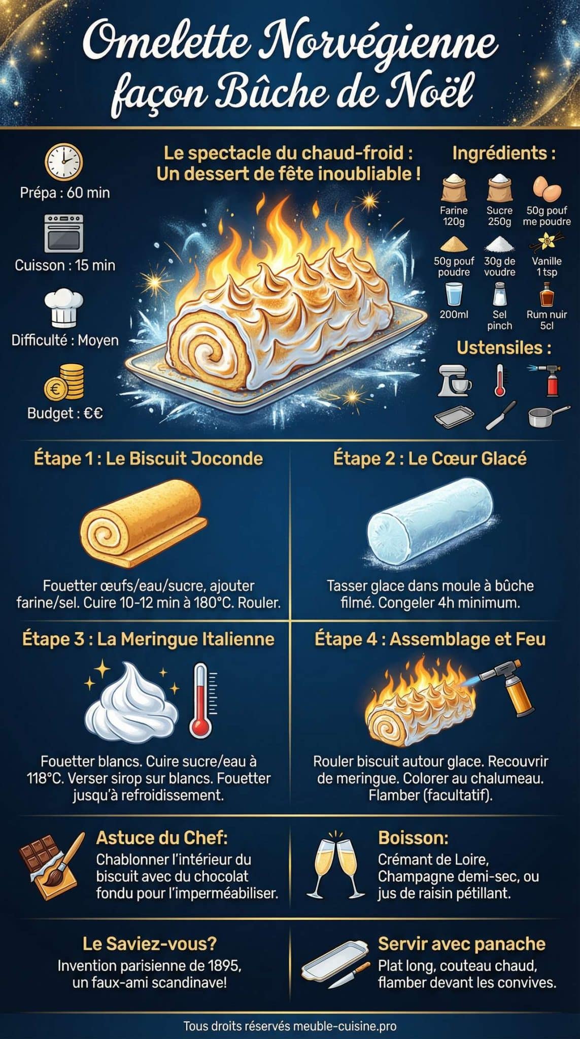 Infographie de la recette Omelette norvégienne façon bûche de Noël Infographie de la recette Omelette norvégienne façon bûche de Noël