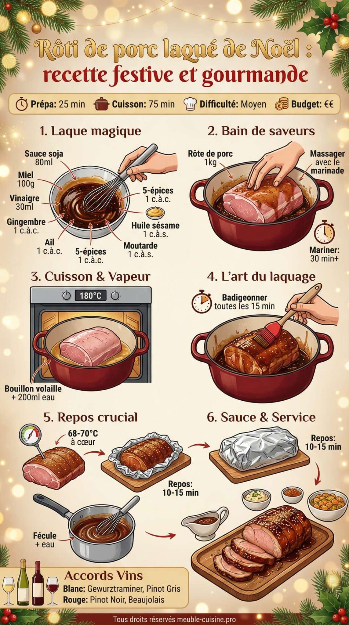 Infographie de la recette Rôti de porc laqué de Noël : recette festive et gourmande Infographie de la recette Rôti de porc laqué de Noël : recette festive et gourmande