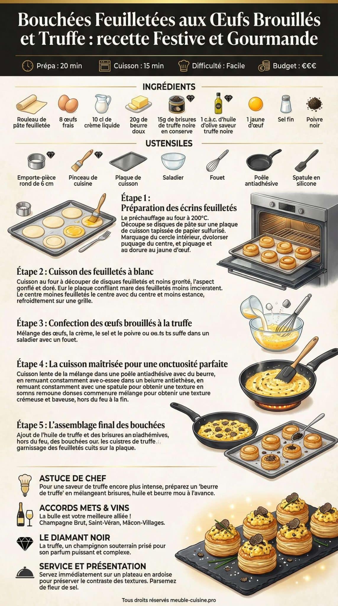 Infographie de la recette Bouchées Feuilletées aux Œufs Brouillés et Truffe : recette Festive et Gourmande Infographie de la recette Bouchées Feuilletées aux Œufs Brouillés et Truffe : recette Festive et Gourmande