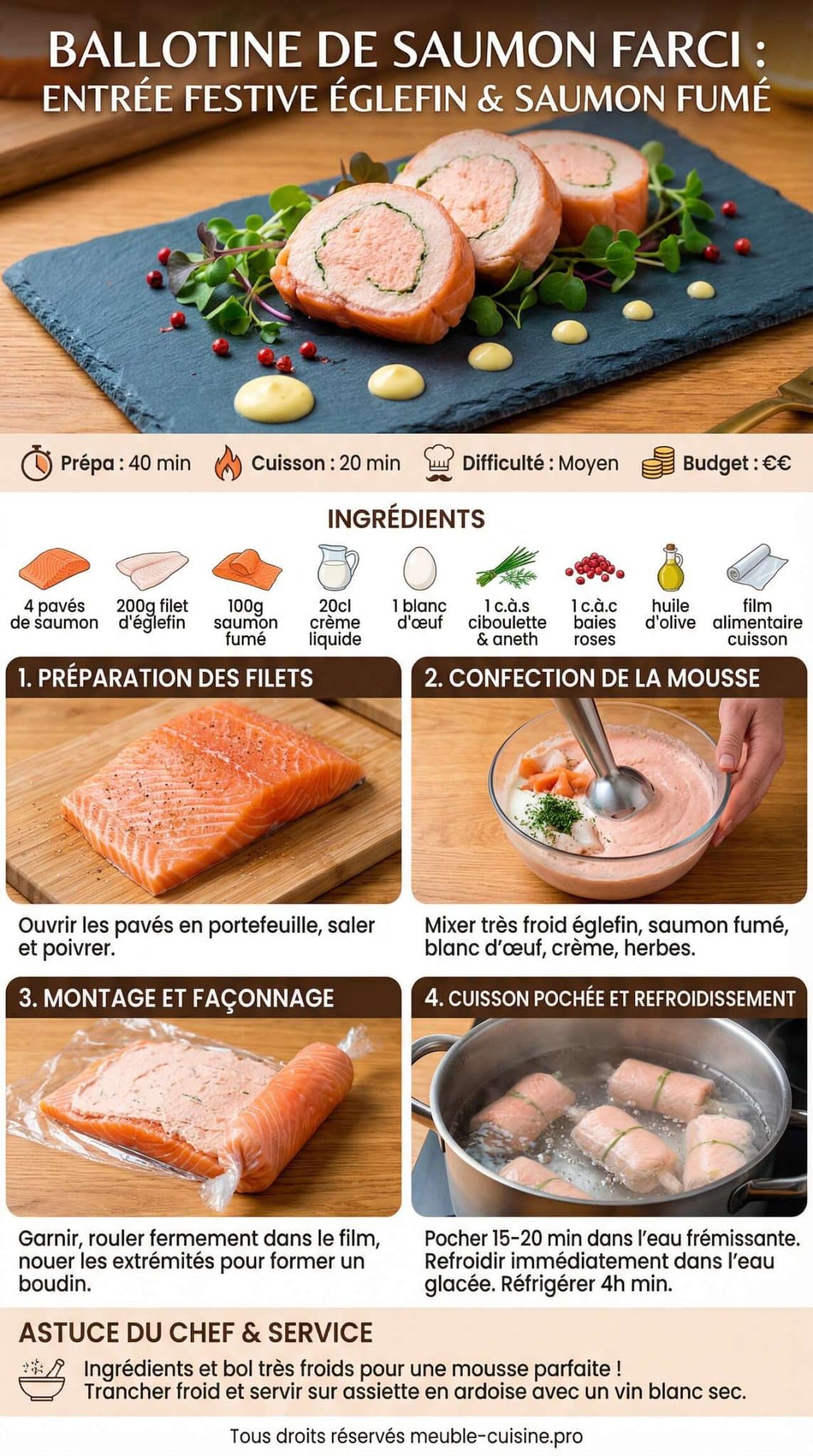 Infographie de la recette Ballotine de saumon farci : une entrée festive au mousse d'églefin et saumon fumé Infographie de la recette Ballotine de saumon farci : une entrée festive au mousse d'églefin et saumon fumé