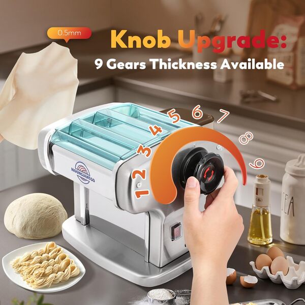 Moongiantgo Machine Pates Fraiches Professionnelle, Acier Inoxydable, Avec Coupeur Rond de 2,5 mm et Plat de 4 mm, Réglage de L'épaisseur à 9 Vitesses 0,5-5 mm, pour Fettuccine, Tagliolini, Raviolis