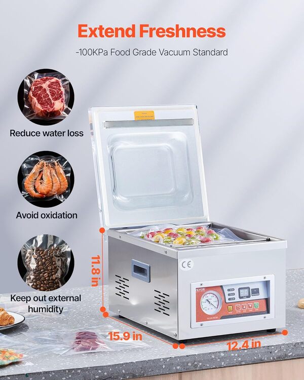 VEVOR Machine à Vide Numérique Machine à Emballer sous Vide Emballage 6,5 cbm/h, Machine sous Vide Professionnel en Acier Inoxydable avec Chambre 33 x 27 x 5 cm pour Sceller Aliments Fruits Viandes