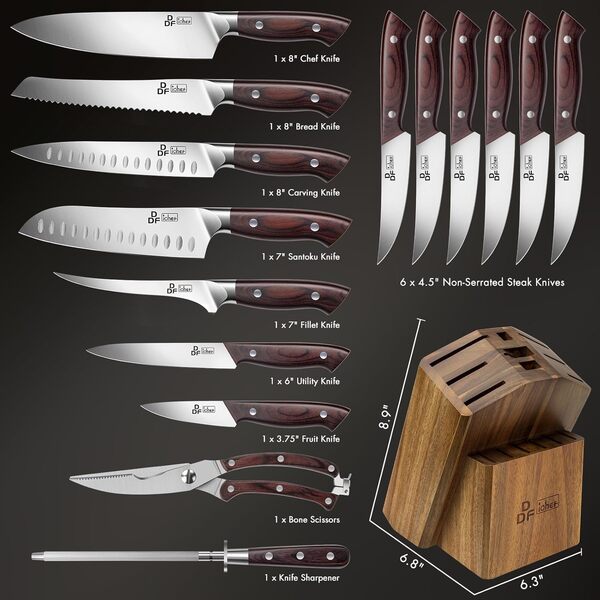 DDF iohEF Set Couteau Cuisine 16 Pièces Ensemble Set de Couteaux Cuisine avec Bloc, Japonais en Acier inoxydable avec Aiguiseur Ciseaux Couteaux de Chef Professionnels Ultra Tranchants