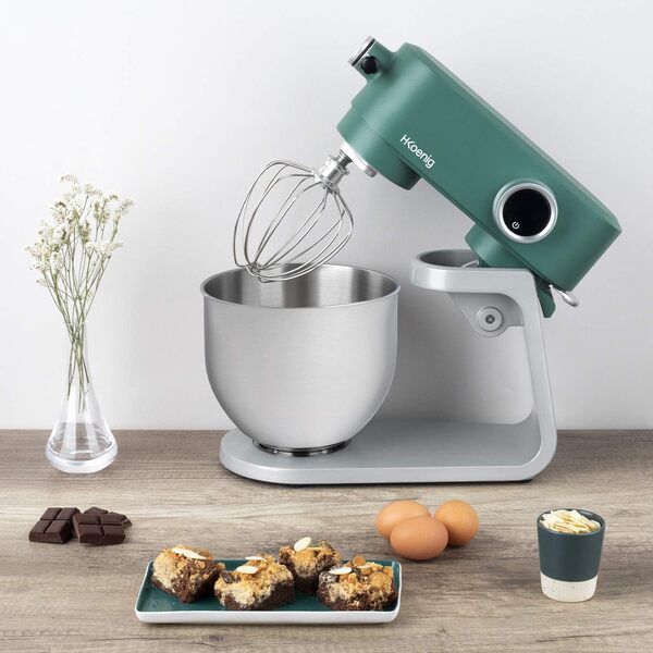 H.Koenig Robot Pétrin Professionnel Multifonctions 5L KM128 Inox vert mat Puissant 800W, Robot Cuisine Pâtissier Pétrin 8 vitesses, Fouet, Batteur, Crochet, Pétrisseur, Couvercle anti-éclaboussure