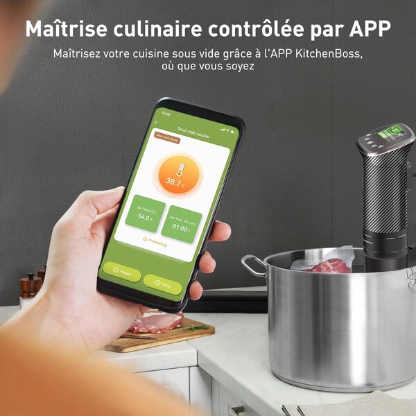 KitchenBoss Thermoplongeur Cuisson Sous Vide: Wifi Thermo Plongeur 1100W APP Contrôle Cuiseur Sous Vide Cooker pour un Contrôle Précis de la Température LCD Display