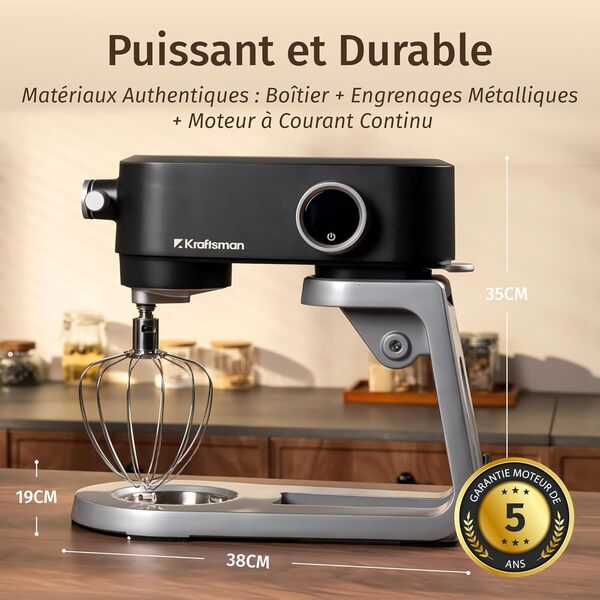 Robot Pâtissier, 5 L Robot de Cuisine Tout en Métal avec Port d’Alimentation Universel et Fonction Minuterie, Pétrin Professionnel à 8 Vitesses avec Batteur, Crochet, Fouet (Noir)