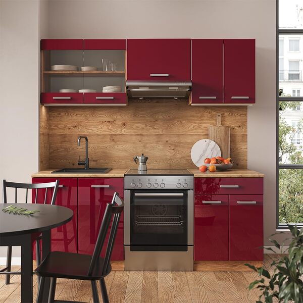 Vicco Cuisine R-Line, Rouge Brillant/Chêne doré, 200cm sans PT