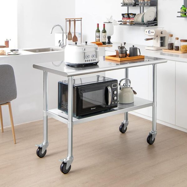COSTWAY Table de Travail Cuisine 61 x 122 cm, en Acier Inoxydable à 2 Niveaux 2 Roues Verrouillables, Plateau Inférieure Réglable, Charge 250 kg, Extérieur/Intérieur pour Cuisine, Restaurant, Jardin