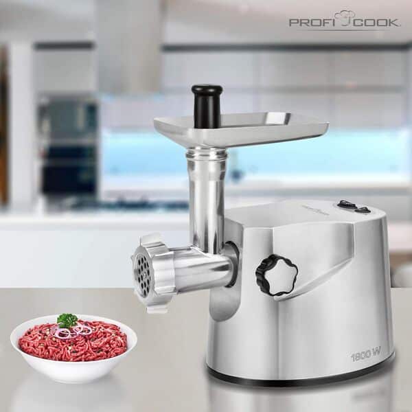 Profi Cook, PC-FW 1172 - Hachoir à Viande Professionnelle - Avec 3 Disques Perforés en Métal, Tête de Clé et de Saucisse - Couteau à Lames en Acier Inoxydable - 1800 Watts - Couleur Argent