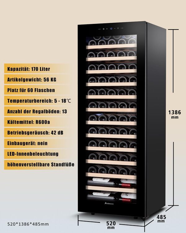 Kalamera Réfrigérateur à Vin Noir, 65 Bouteilles, 170 Litres, affichage LED pour la régulation de la température, KRC-170AFG [Classe énergétique F]