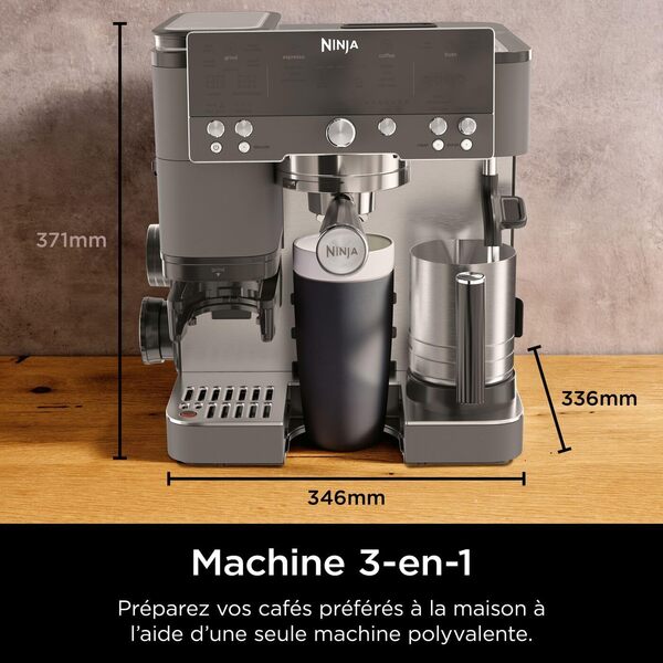 Ninja Luxe Premier, Machine a cafe a grain barista semi-automatique, 3-en-1: espresso, extraction froide et café filtre, Broyeur et mousseur intégrés, Avec pichet et tasseur, Gris Métalisé, ES601EUGM