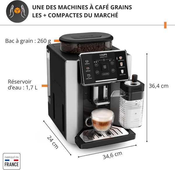Krups Sensation Lait, Machine à café grains, Expresso automatique, 6 boissons, Carafe à lait Cappuccino, Interface tactile, Nettoyage automatique, Silver, EA912E10