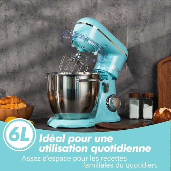 Robot Patissier, Kitchen in the box 6L Batteur Electrique Cuisine, Pétrin Professionnel 1300W avec Fouet, Batteur et Crochet Pétrisseur, 10+P Vitesses