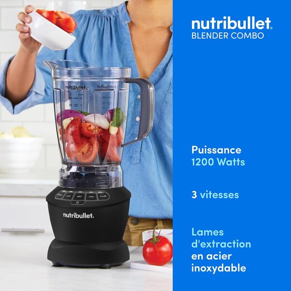 Nutribullet Full Size Blender Combo, mixeur électrique, broyeur multifonctionnel, professionnel, puissance 1200 Watt, carafe 1,9l, verres 946ml et 710ml, noir, NBF500MB