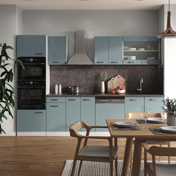 Vicco Cuisine R-Line, Bleu-Gris/Blanc, 300 cm avec Armoire Haute, sans Plan de Travail