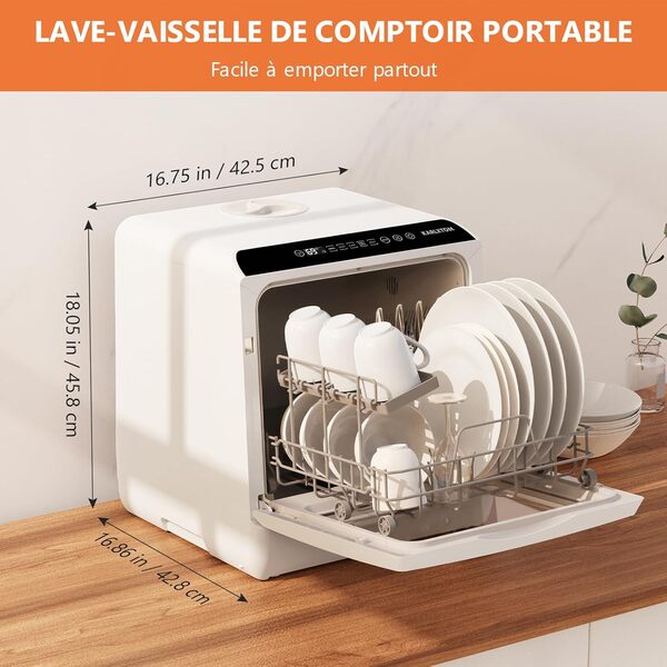 Karlxtom Lave-vaisselle de table, Mini Lave-vaisselle avec Comman destactiles à LED, 45CM, 6 Programmes, Lavage des fruits, Soins Pour Bébés [Classe énergétique D]