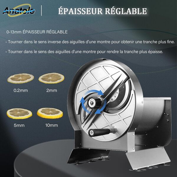 Anatole Trancheuse Légumes Manuel Coupe Fruits Professionnel en Acier Inoxydable Coupe Oignons Tomates Chips 0-13mm Épaisseur Réglable avec 6 Ventouses pour Pommes de Terre Citron Orange Carotte Chou