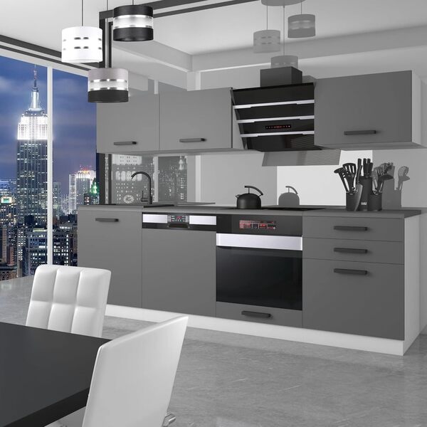 Belini Linda Bloc de cuisine 240 cm, cuisine encastrable, entièrement équipée, sans appareils électriques, avec armoires suspendues et basse, plans de travail, argent mat