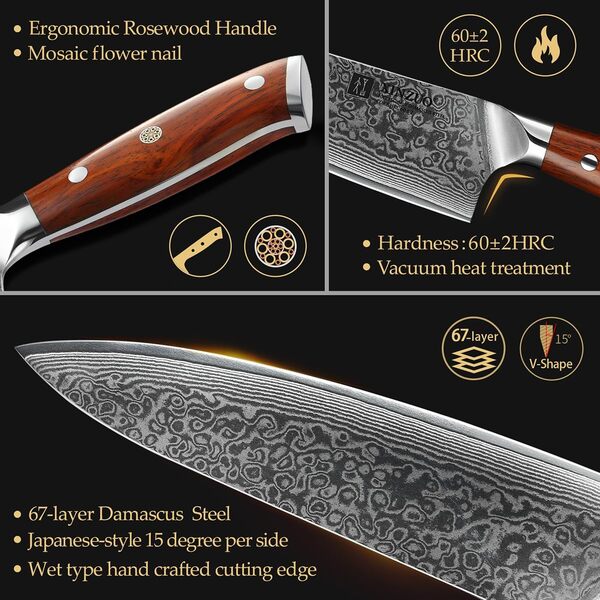 XINZUO Acier Damas 15 Pièces Set Bloc de Couteaux- Fusil à Aiguiser Acier et Ciseaux de Cuisine, Professionnel Forgé Couteau de Chef Santoku Trancher Désosser Universel Paring et 6 Couteaux à Steak