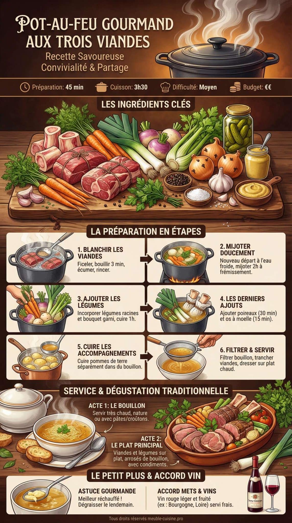 Fiche recette Pot-au-feu gourmand aux trois viandes : recette savoureuse Fiche recette Pot-au-feu gourmand aux trois viandes : recette savoureuse