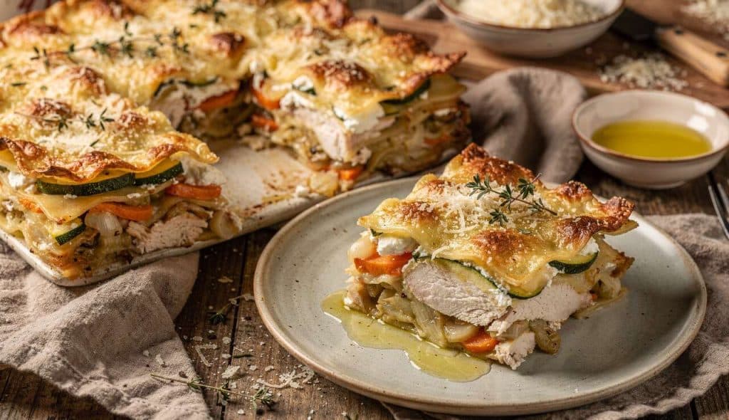 Lasagnes au poulet, légumes et chèvre frais : recette savoureuse