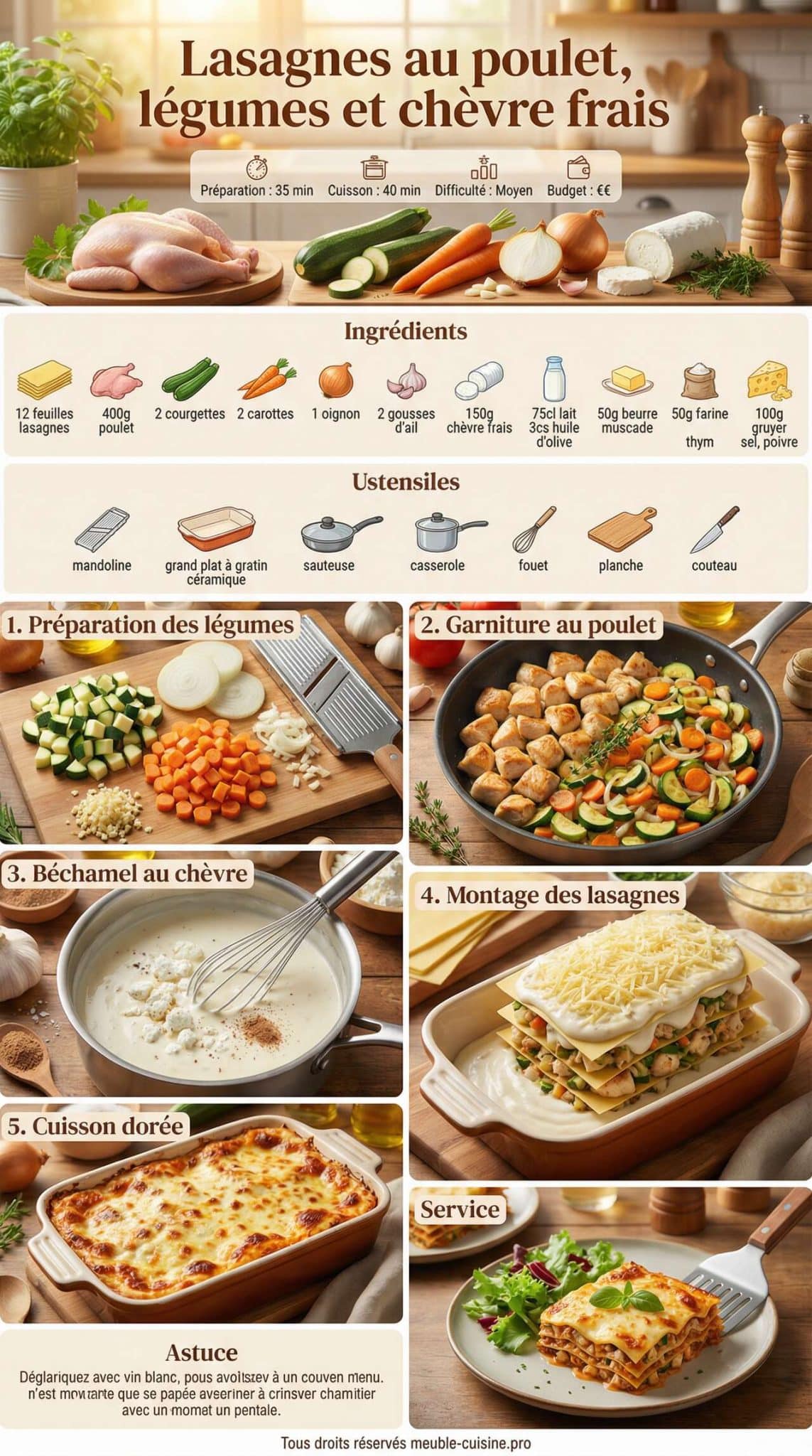 Fiche recette Lasagnes au poulet, légumes et chèvre frais : recette savoureuse Fiche recette Lasagnes au poulet, légumes et chèvre frais : recette savoureuse