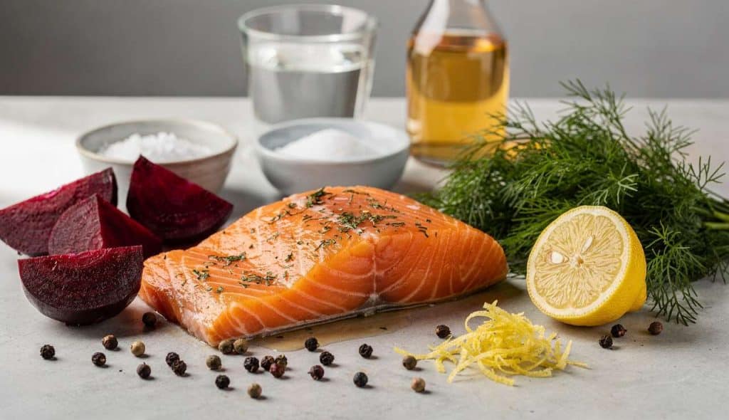 Saumon mariné à la vodka, sureau et betterave façon scandinave