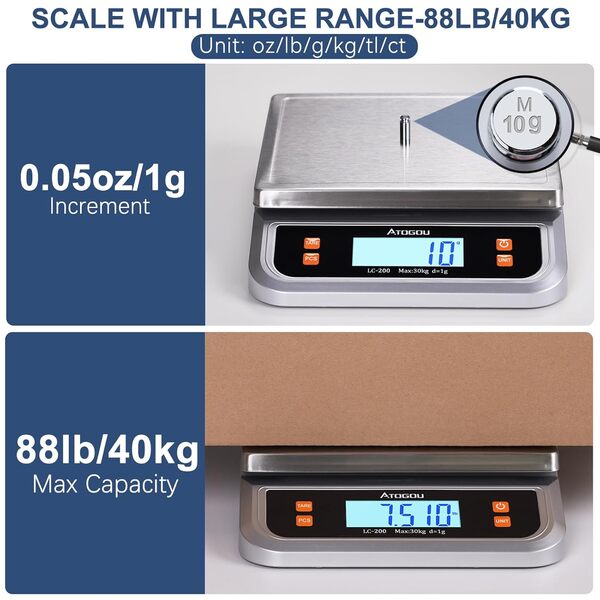ATOGOU LC200 Balance de cuisine numérique commerciale 40 kg/1 g, avec conversion de 6 unités, acier inoxydable, écran LCD, pile AA ou utilisation enfichable pour la pâtisserie, le pain, la cuisine, la