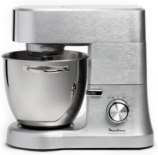 Moulinex Robot pâtissier, Bol XXL inox 6,7 L, 1500 W, 10 vitesses + fonction Pulse, Corps en fonte d'aluminium, Kit de pâtisserie premium, Masterchef Grande gris QA810D01