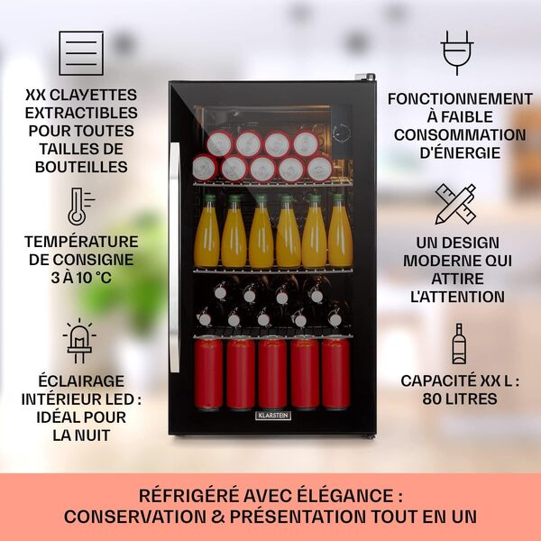 KLARSTEIN Mini Frigo de Chambre et Bureau pour Boisson, Silencieux, Refrigerateur Mini Bar 80L, Pour Camping, Étagères Réglables, Ondulés pour le Vin, Cannette, Beer Fridge [Classe énergétique E]